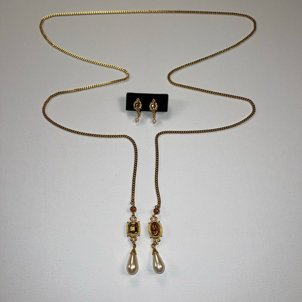 Vintage Gold Tone Lariat Necklace & Clip-On Earring Set Brown Stone Faux Pearl